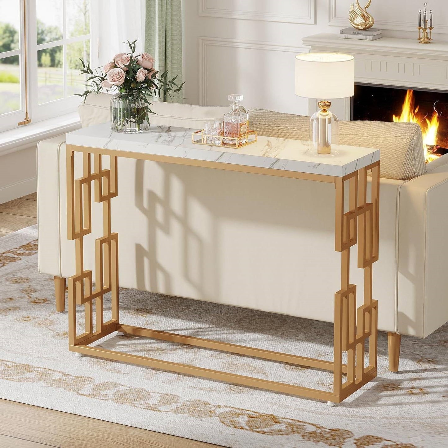 Mesa Consola Moderna para Sofá de 42 Pulgadas con Cubierta de Imitación Mármol Blanco y Marco Dorado