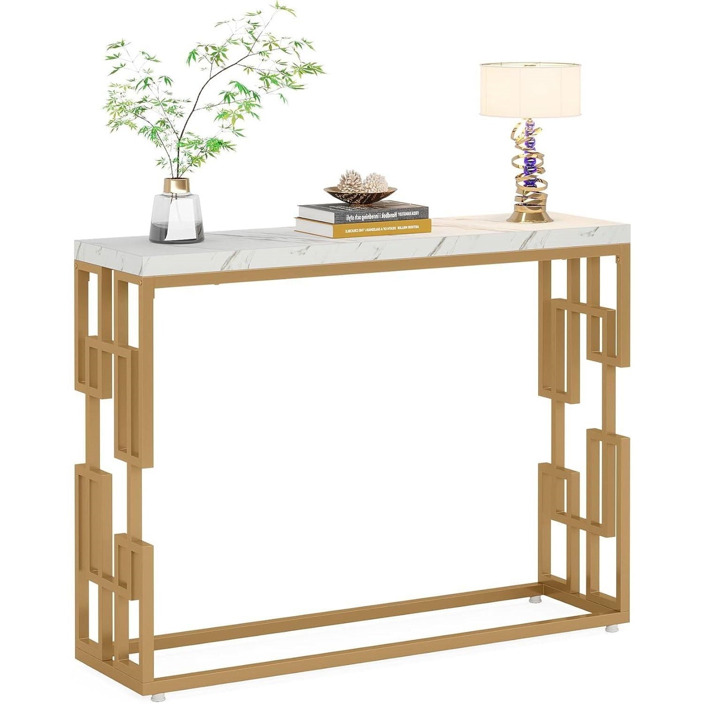 Mesa Consola Moderna para Sofá de 42 Pulgadas con Cubierta de Imitación Mármol Blanco y Marco Dorado