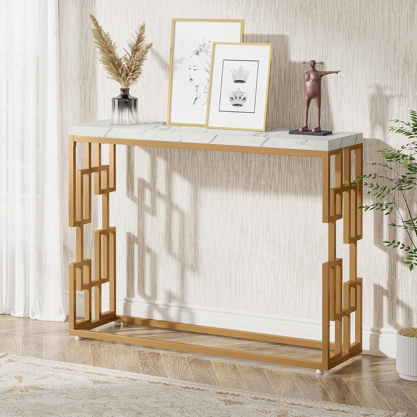 Mesa Consola Moderna para Sofá de 42 Pulgadas con Cubierta de Imitación Mármol Blanco y Marco Dorado
