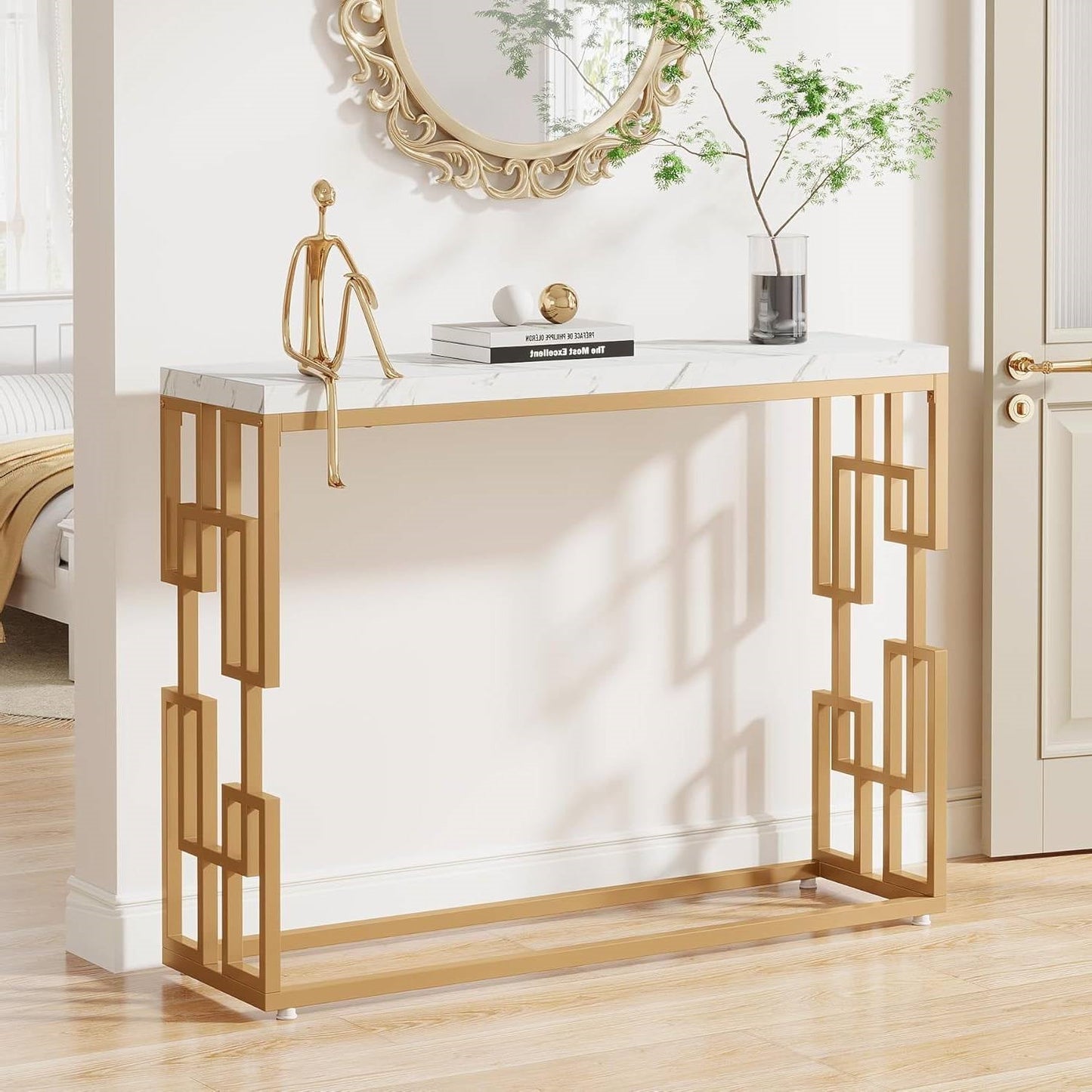 Mesa Consola Moderna para Sofá de 42 Pulgadas con Cubierta de Imitación Mármol Blanco y Marco Dorado