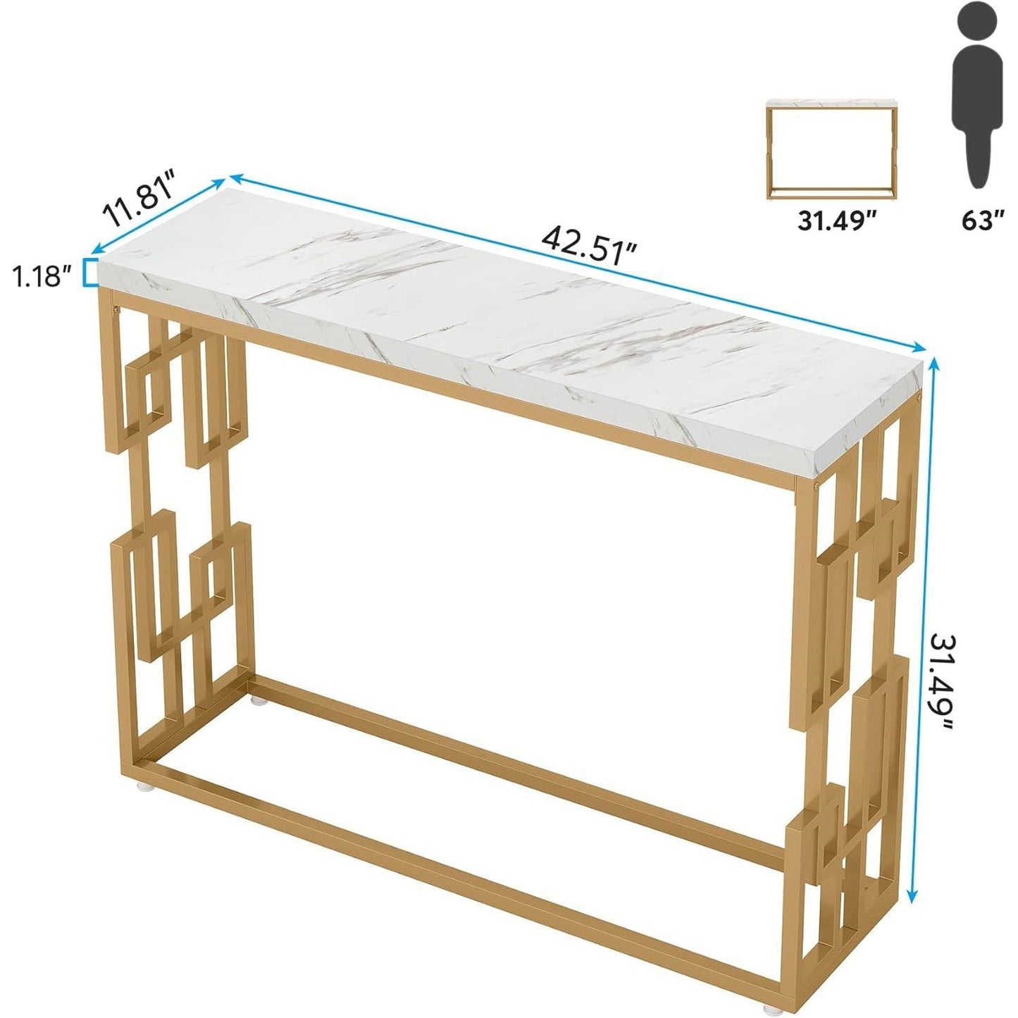 Mesa Consola Moderna para Sofá de 42 Pulgadas con Cubierta de Imitación Mármol Blanco y Marco Dorado
