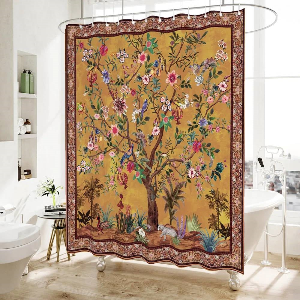 Cortina de ducha floral de 72 pulgadas, color marrón, rojo, naranja, verde, con árboles, pájaros y plantas