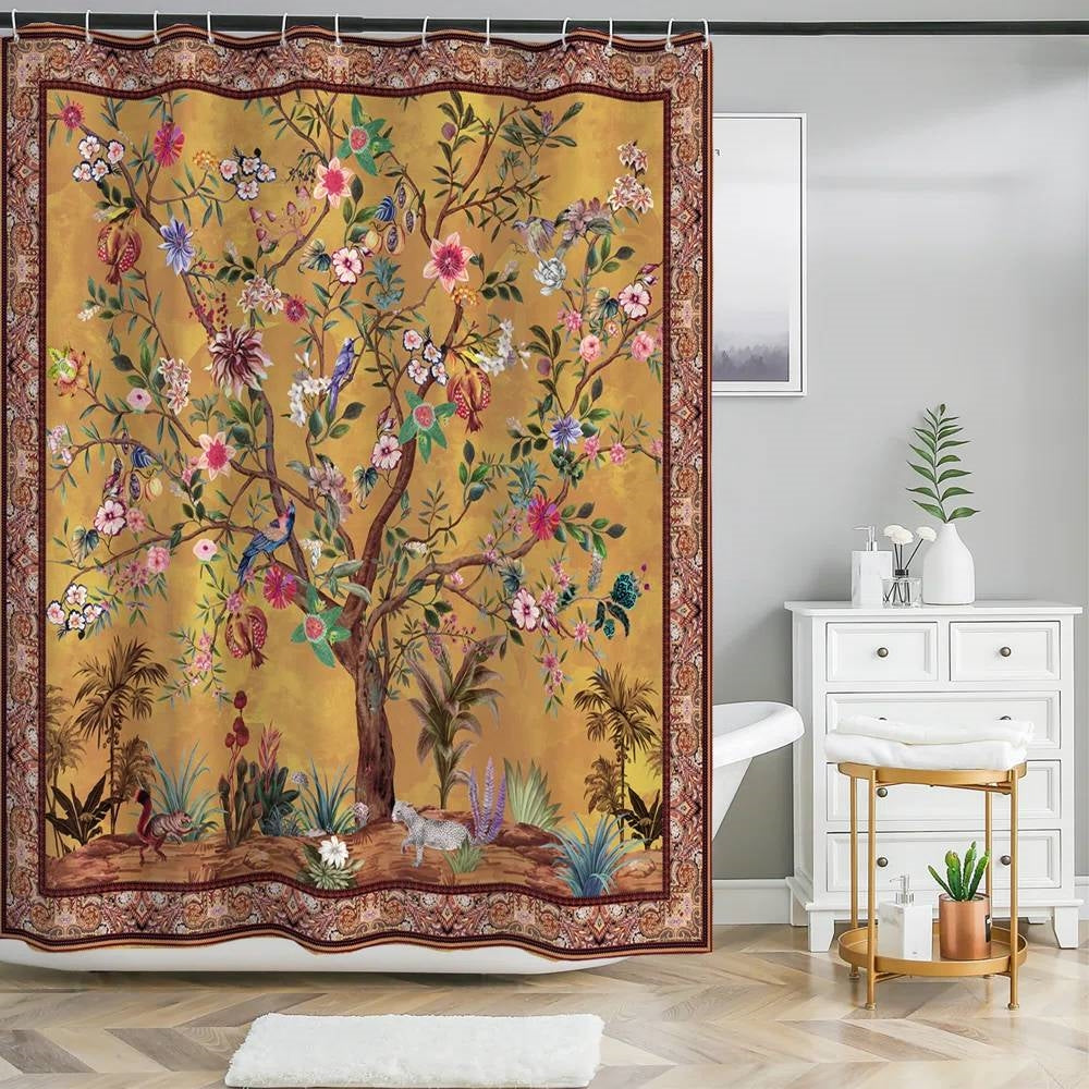 Cortina de ducha floral de 72 pulgadas, color marrón, rojo, naranja, verde, con árboles, pájaros y plantas