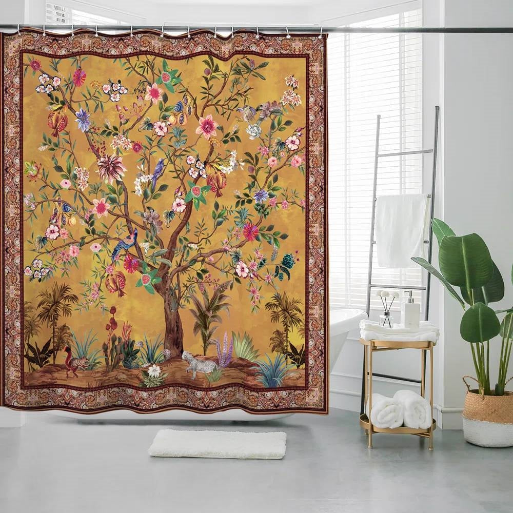 Cortina de ducha floral de 72 pulgadas, color marrón, rojo, naranja, verde, con árboles, pájaros y plantas