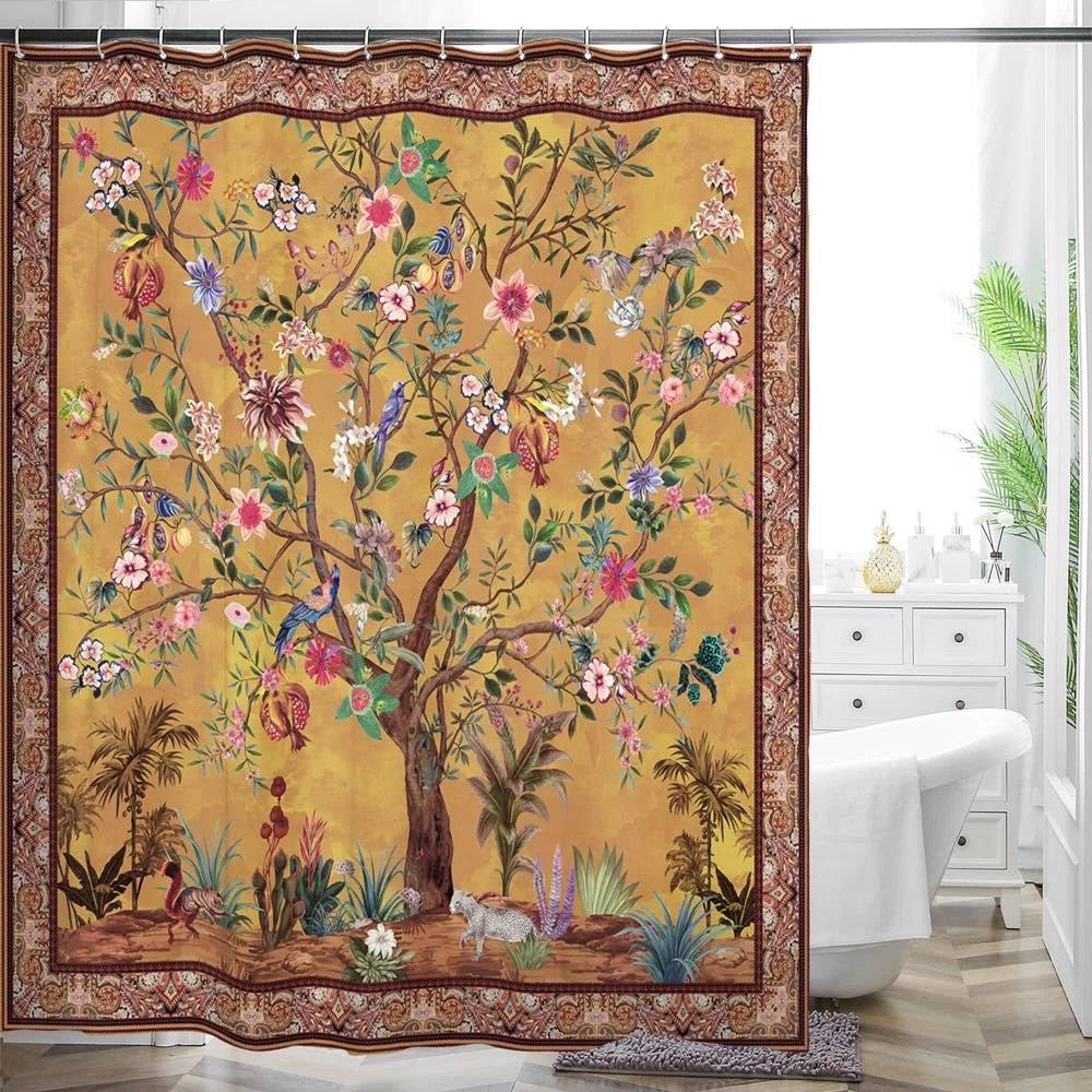 Cortina de ducha floral de 72 pulgadas, color marrón, rojo, naranja, verde, con árboles, pájaros y plantas