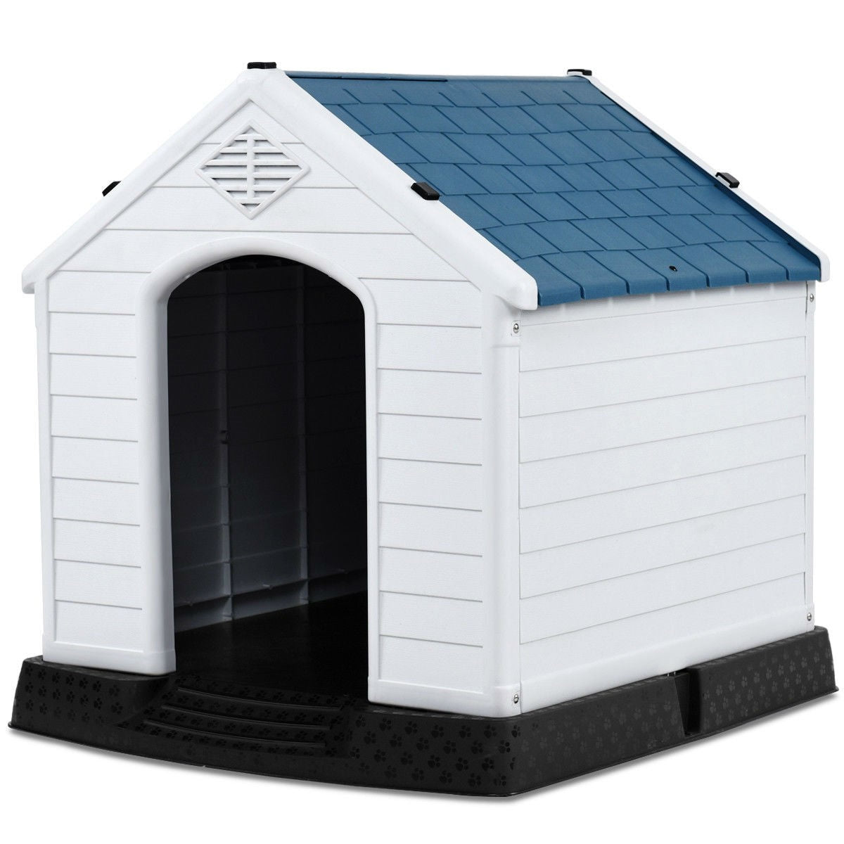Casa de perro de plástico azul y blanco resistente de tamaño mediano para exteriores