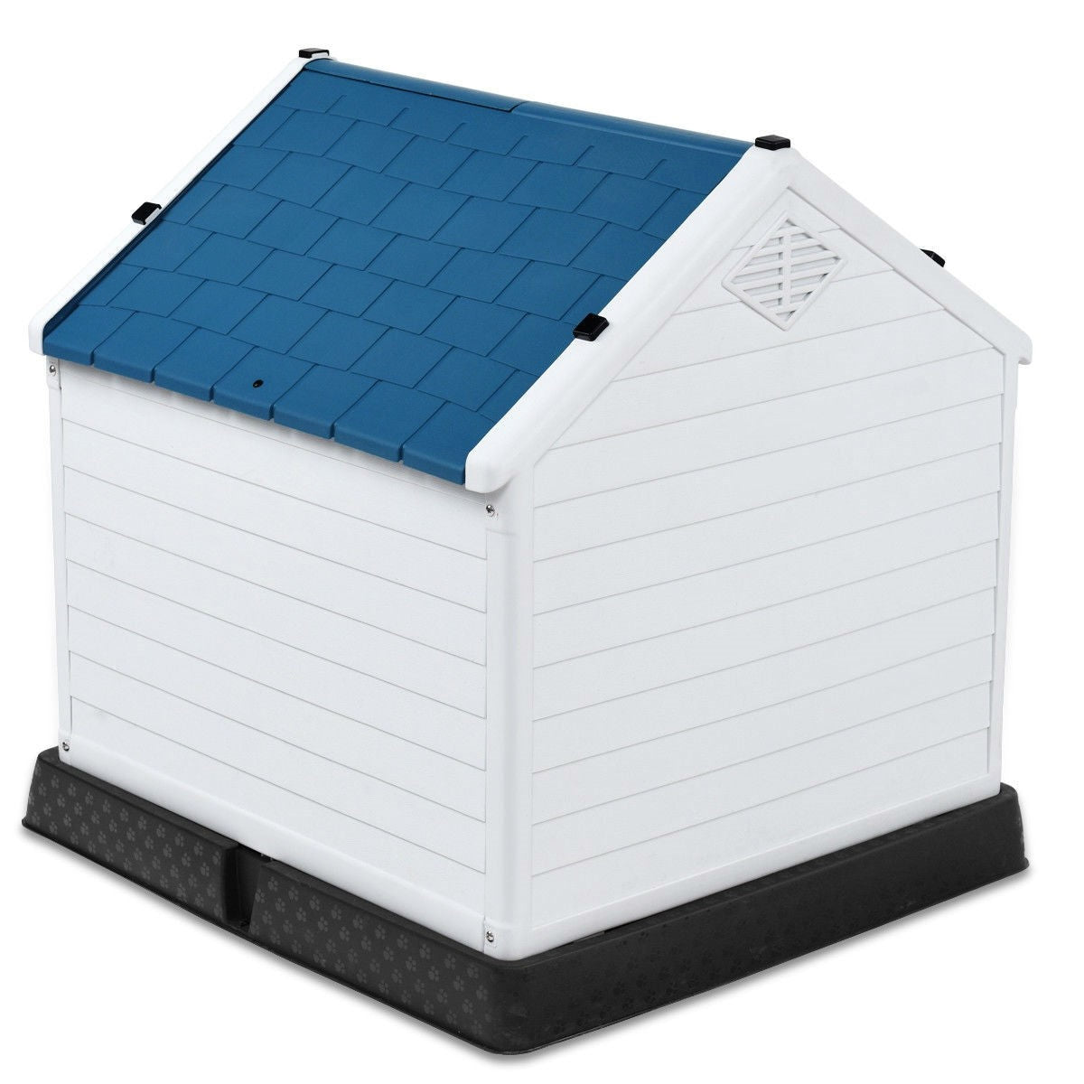 Casa de perro de plástico azul y blanco resistente de tamaño mediano para exteriores