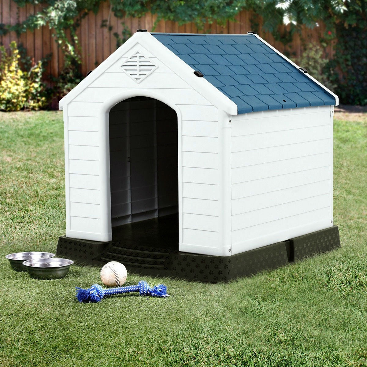 Casa de perro de plástico azul y blanco resistente de tamaño mediano para exteriores