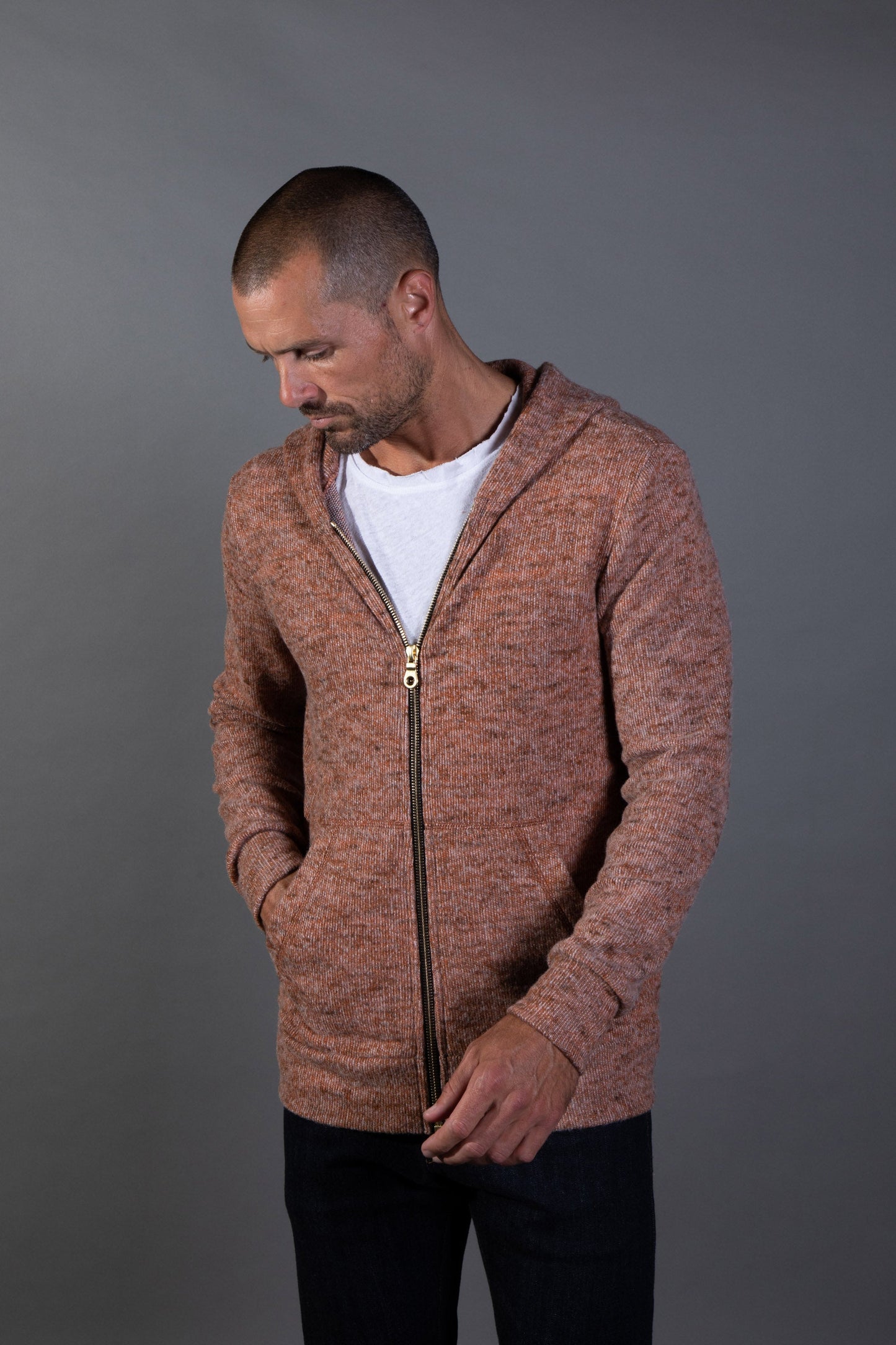 Sudadera con capucha de hombre de punto suave melange con cremallera frontal