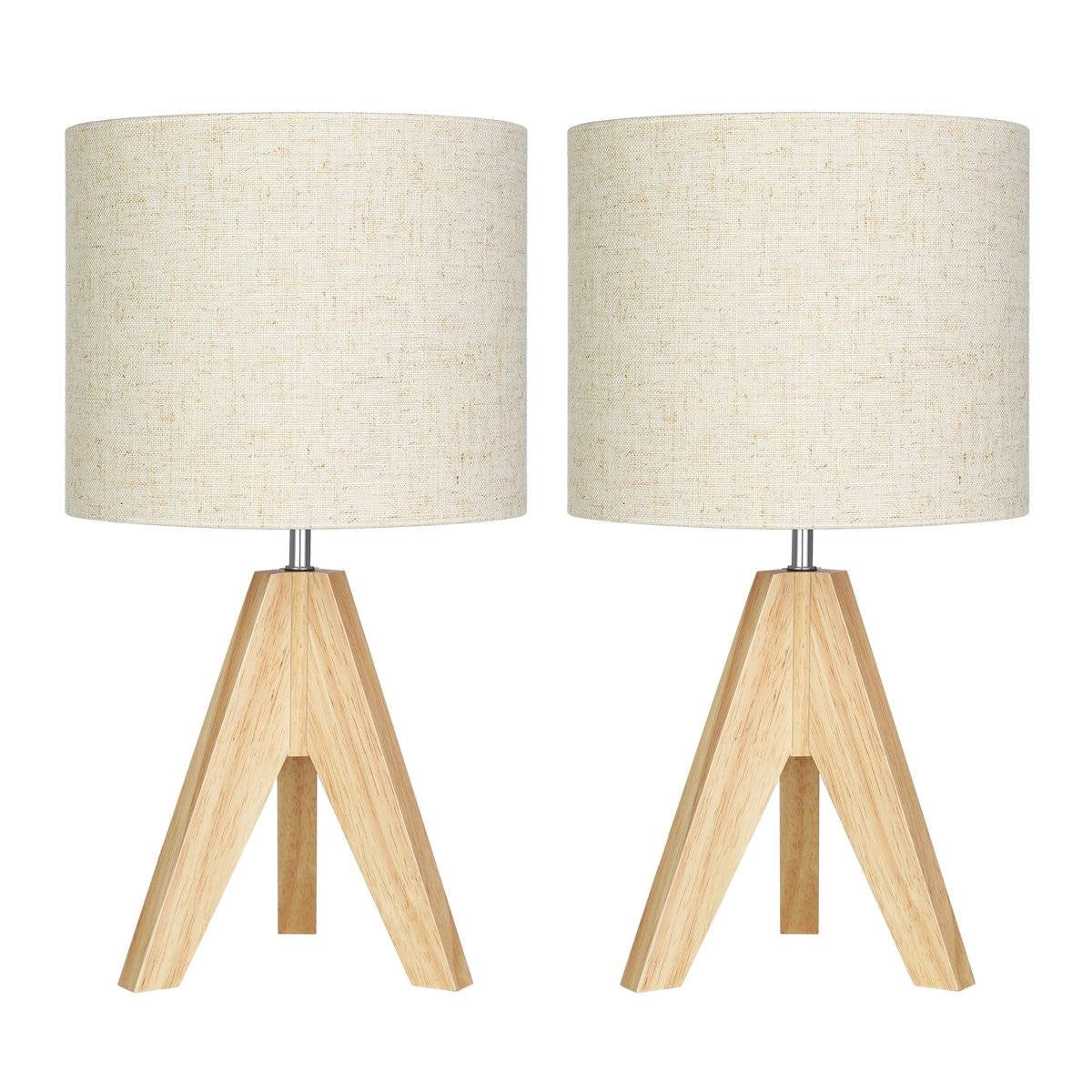 Juego de 2 lámparas de mesa trípode de madera maciza con pantalla cilíndrica de lino beige
