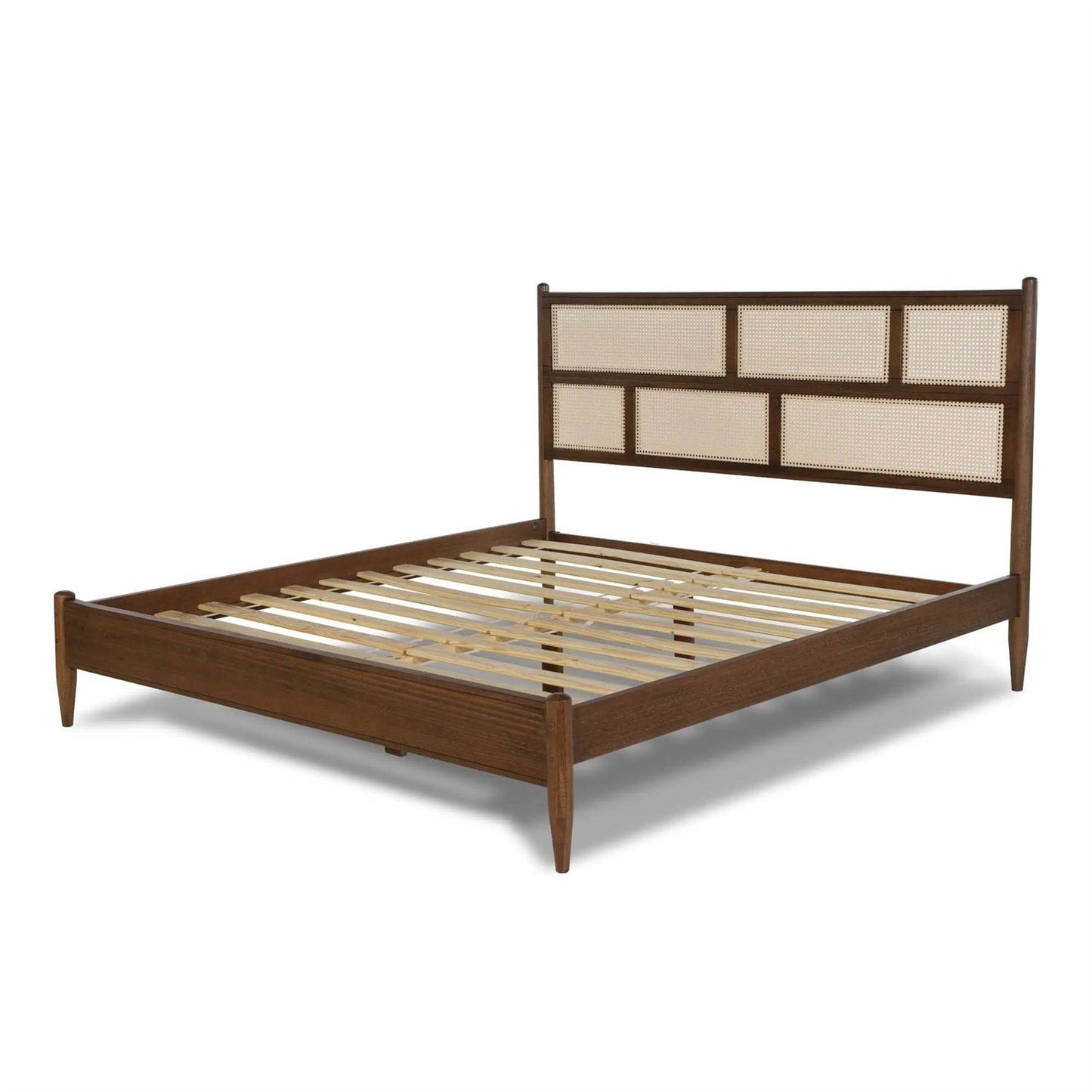 Base de cama de plataforma King Size de madera maciza con cabecero con paneles de rejilla en nogal