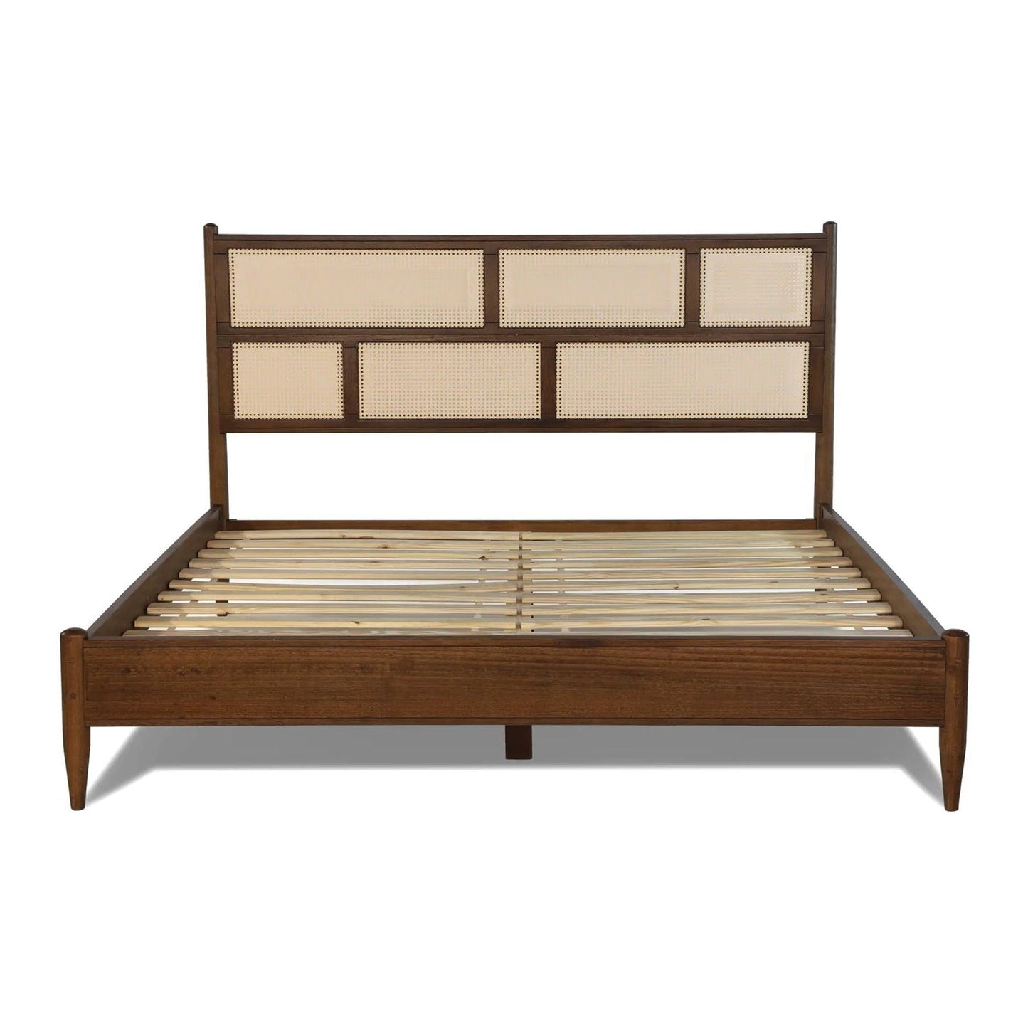 Base de cama de plataforma King Size de madera maciza con cabecero con paneles de rejilla en nogal