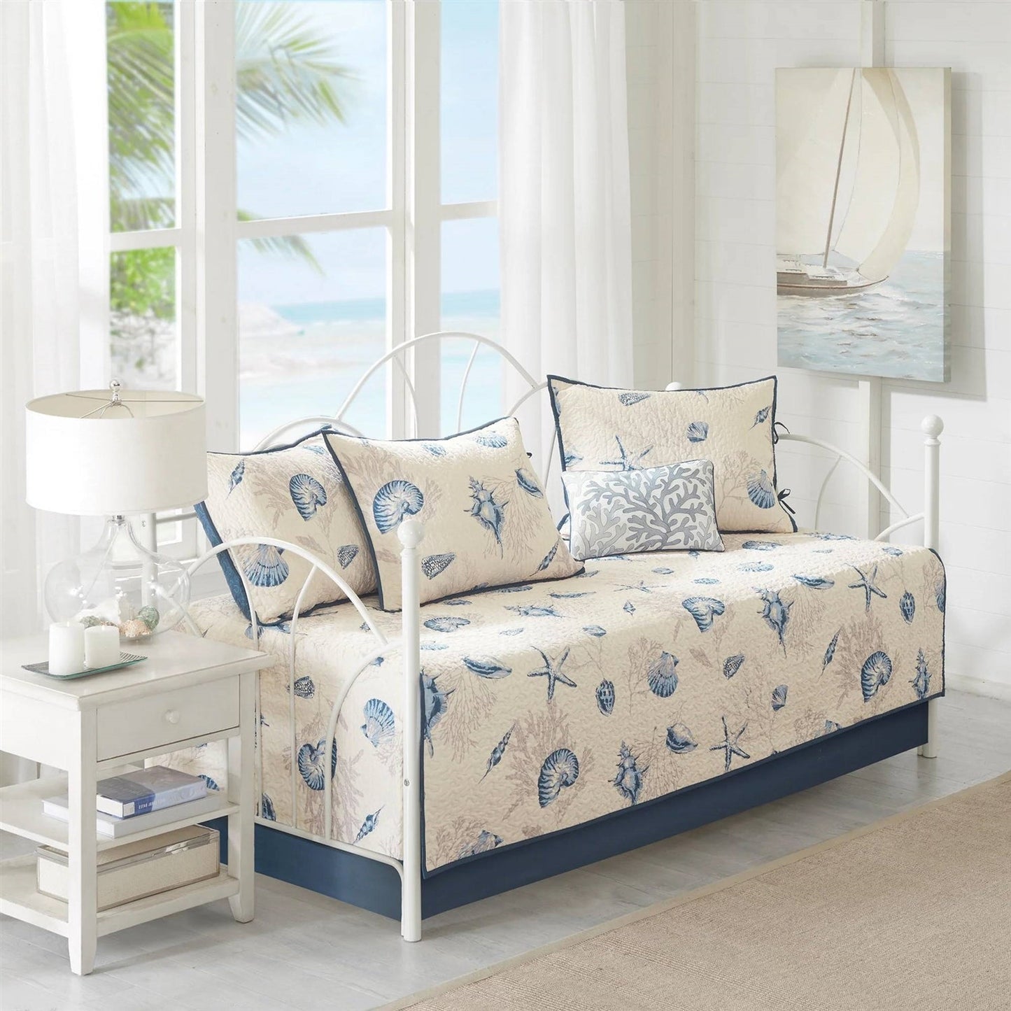 Juego de ropa de cama de 6 piezas con funda reversible para diván de conchas marinas náuticas en azul, coral y beige