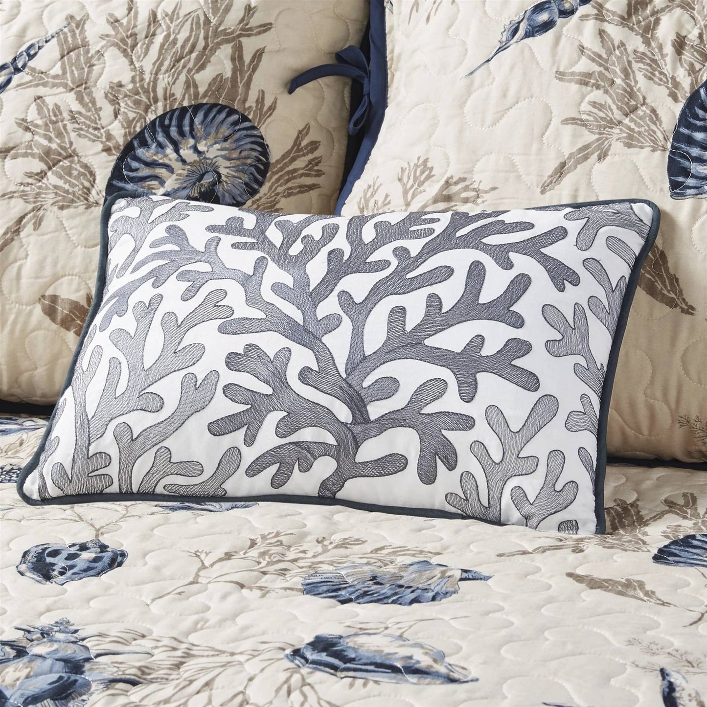 Juego de ropa de cama de 6 piezas con funda reversible para diván de conchas marinas náuticas en azul, coral y beige