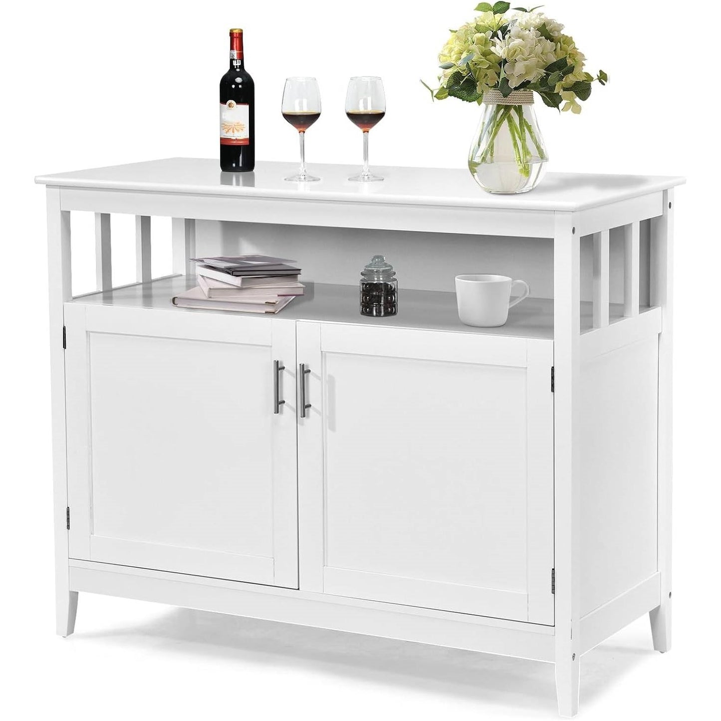 Aparador de comedor de madera blanca con 2 puertas y estante abierto