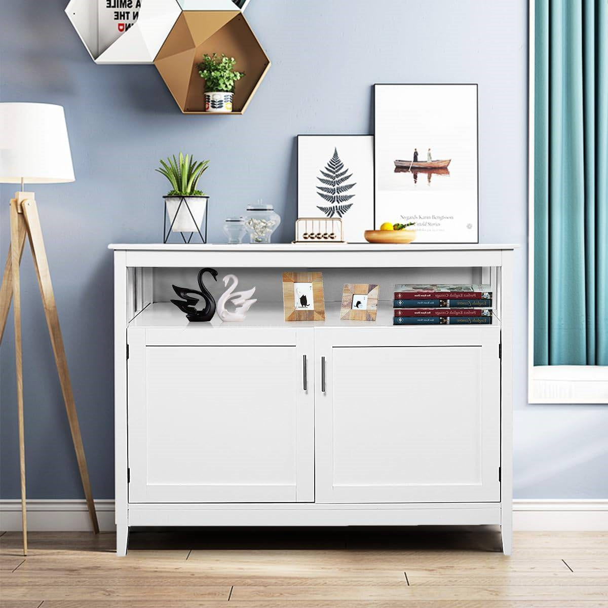 Aparador de comedor de madera blanca con 2 puertas y estante abierto