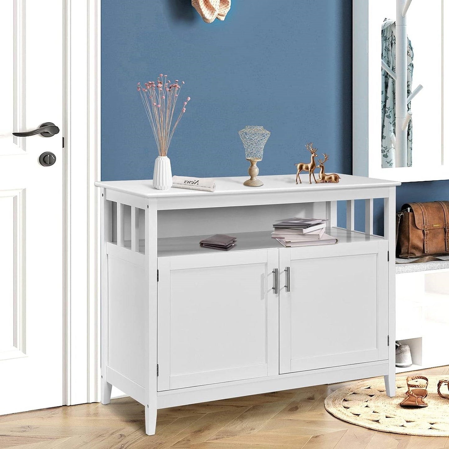 Aparador de comedor de madera blanca con 2 puertas y estante abierto
