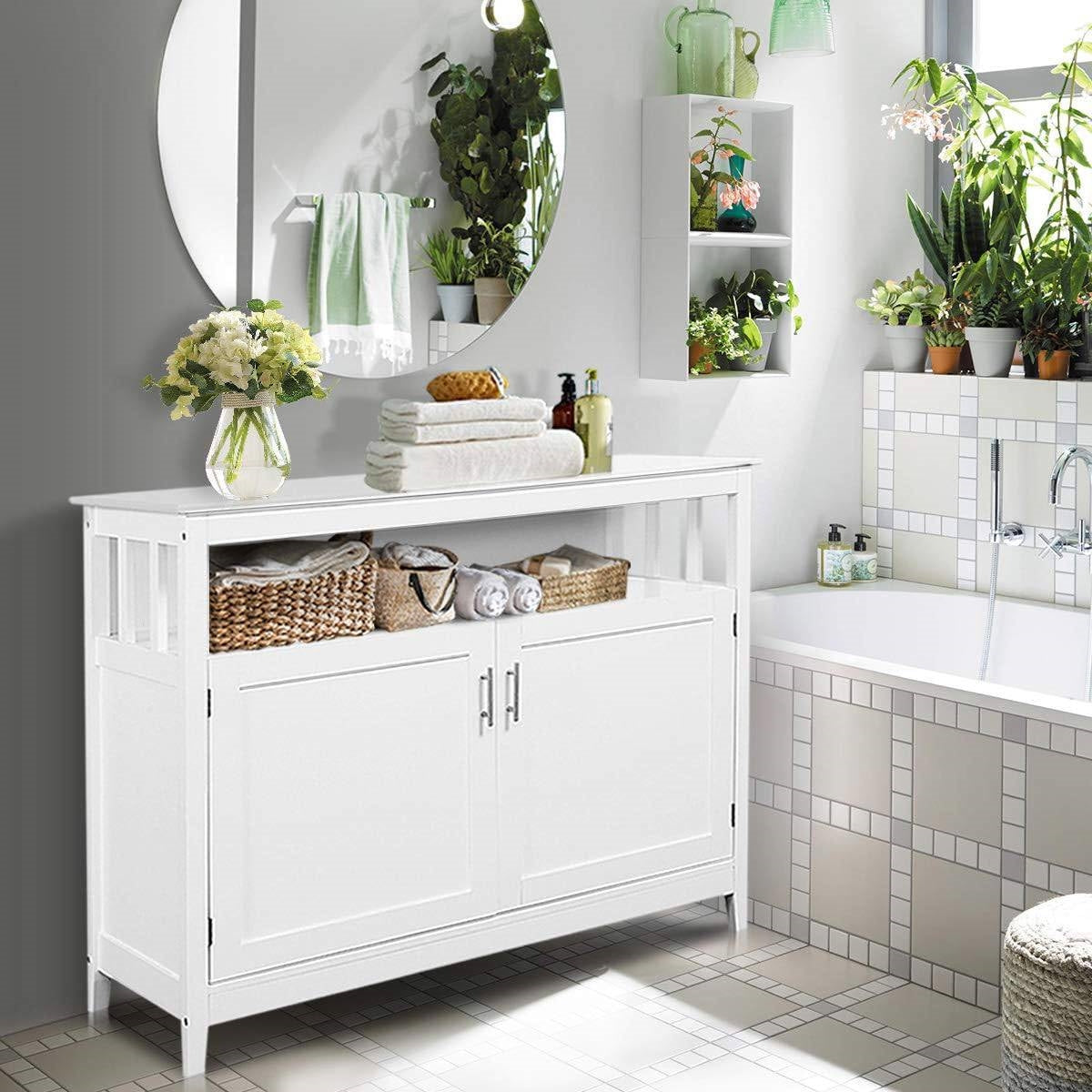 Aparador de comedor de madera blanca con 2 puertas y estante abierto