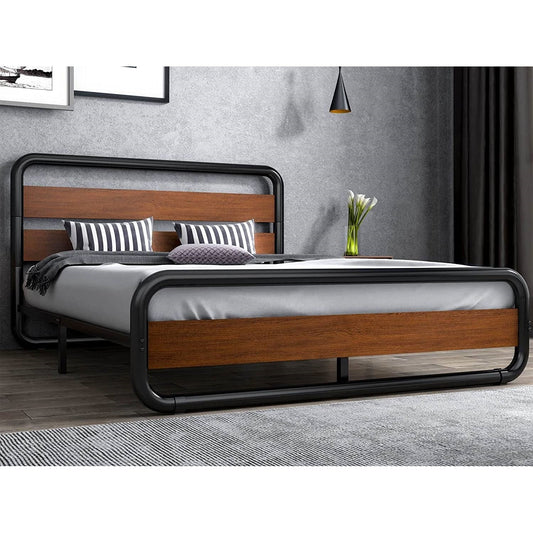 Base de cama Queen de plataforma, de metal y madera, moderna, industrial y de alta resistencia con cabecero