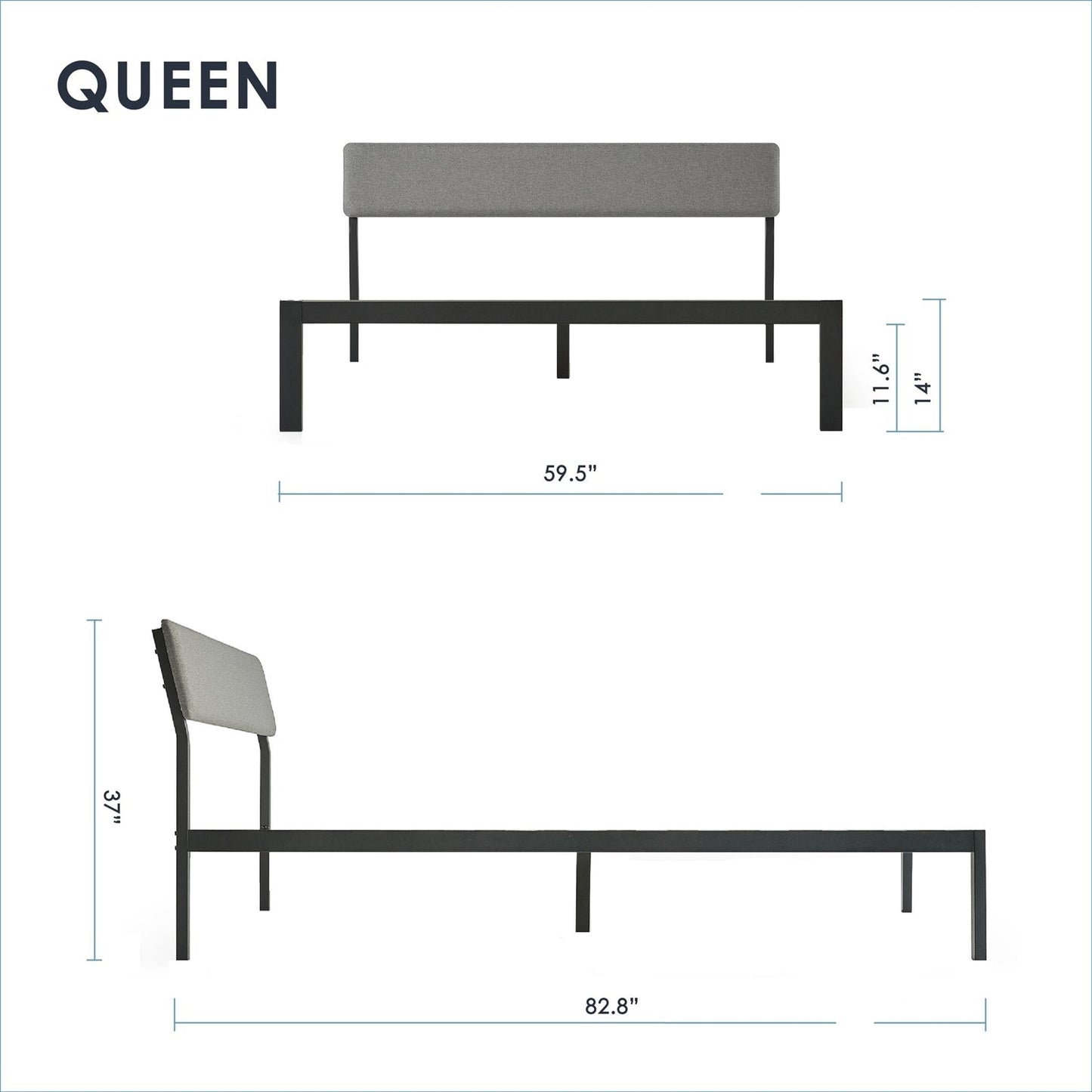 Cama Plataforma Queen Size de Metal con Cabecero de Tela Suave Gris y Somier de Láminas de Madera