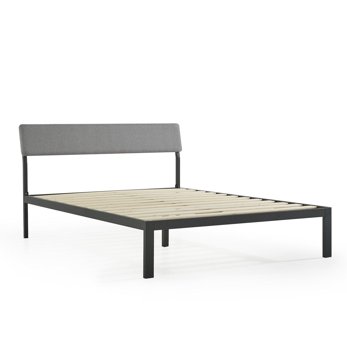 Cama Plataforma Queen Size de Metal con Cabecero de Tela Suave Gris y Somier de Láminas de Madera