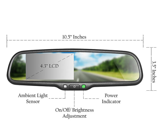 Espejo retrovisor Master Tailgaters de 10.5" con pantalla LCD de 4.3" + Llamadas inalámbricas activadas | Montaje universal retrovisor | LCD con brillo autoajustable | Antideslumbrante | Reemplazo completo del espejo original