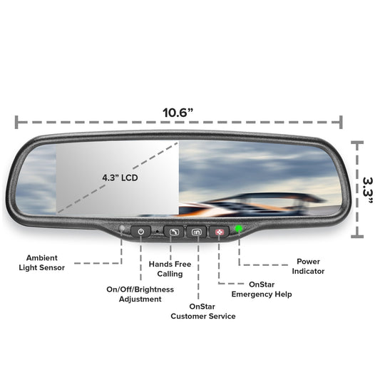 Master Tailgaters Espejo retrovisor de 10.5" con pantalla LCD de 4.3" + botones OnStar para cableado existente | Ajuste universal | LCD con brillo de ajuste automático | Antideslumbrante | Reemplazo completo del espejo