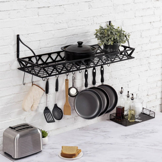 Estante de pared rectangular de metal negro para ollas de cocina con 12 ganchos para colgar