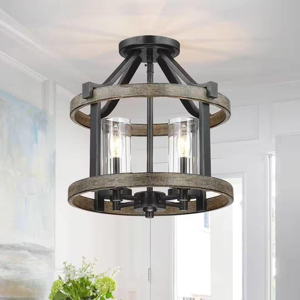 Lámpara de techo rústica de metal y madera de 12.5 pulgadas y 4 luces - Montaje semiempotrado