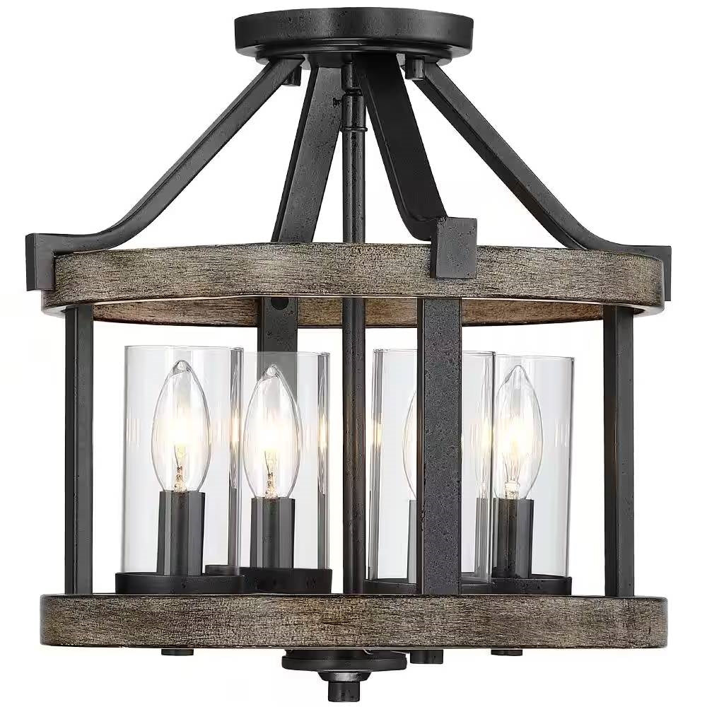 Lámpara de techo rústica de metal y madera de 12.5 pulgadas y 4 luces - Montaje semiempotrado