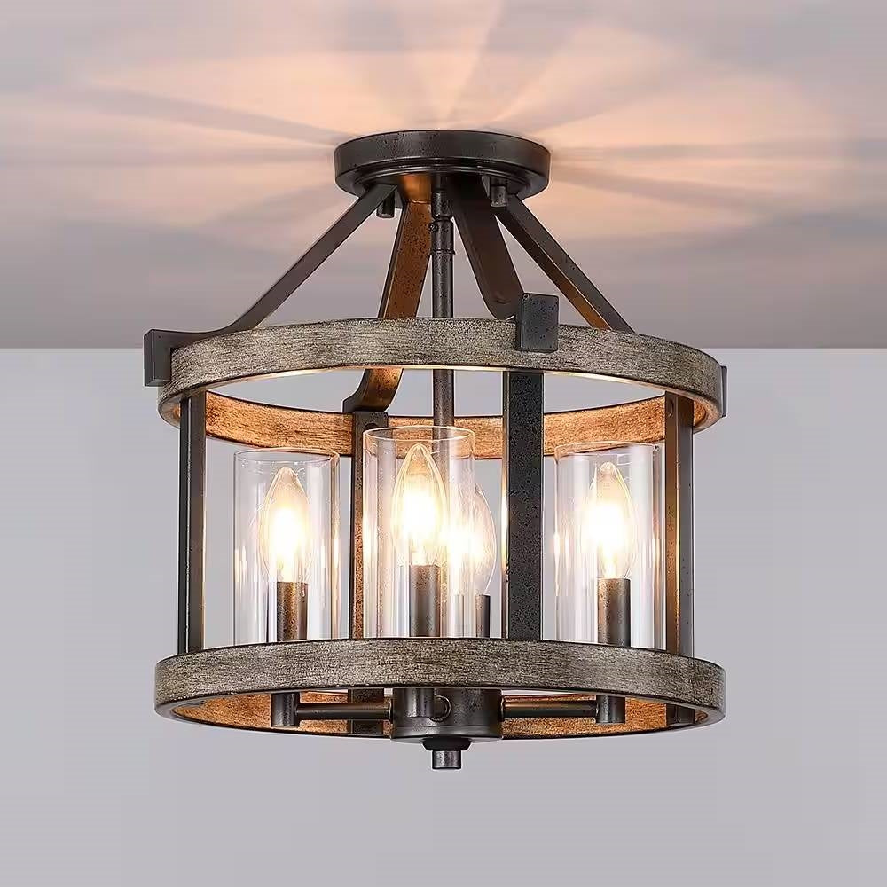 Lámpara de techo rústica de metal y madera de 12.5 pulgadas y 4 luces - Montaje semiempotrado