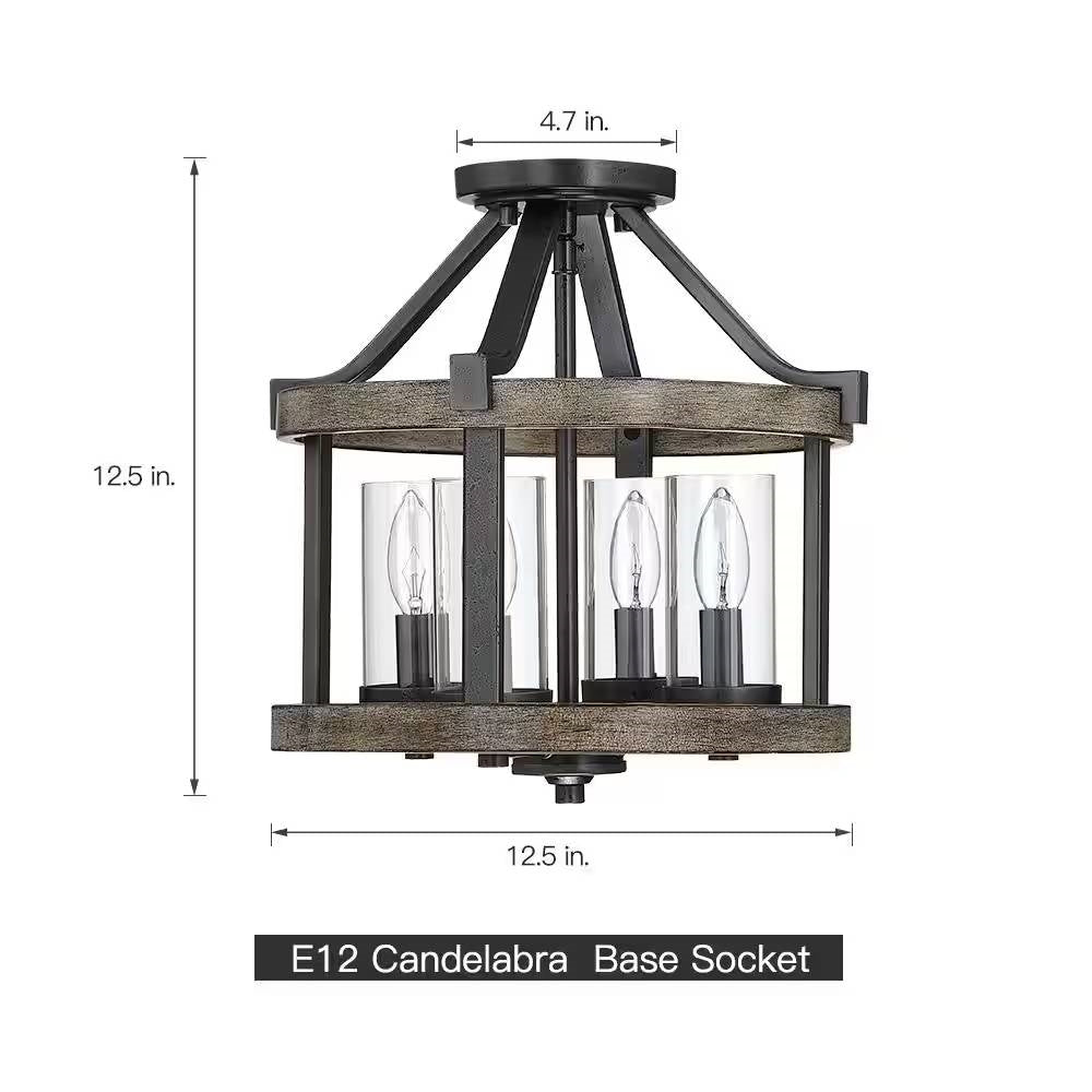 Lámpara de techo rústica de metal y madera de 12.5 pulgadas y 4 luces - Montaje semiempotrado