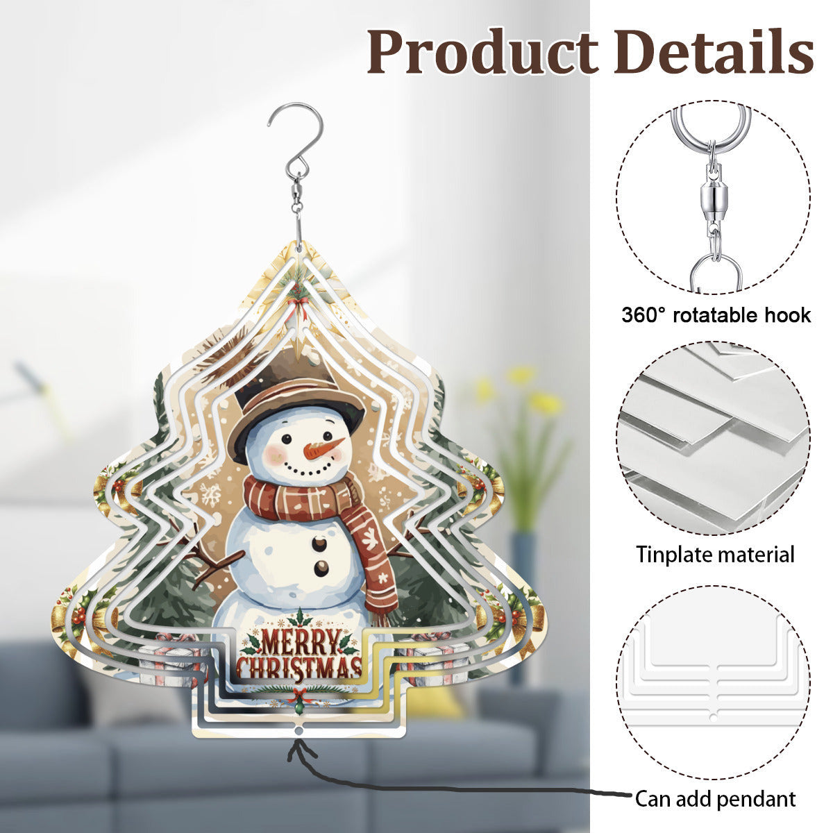 Merry Christmas Snowman Tree-shaped Wind Spinner Outdoor Decor