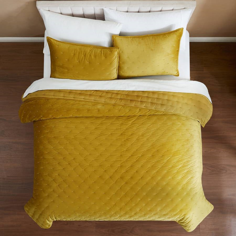 Juego de colcha de 3 piezas de terciopelo amarillo mostaza bordado, lujosamente suave, tamaño Full / Queen