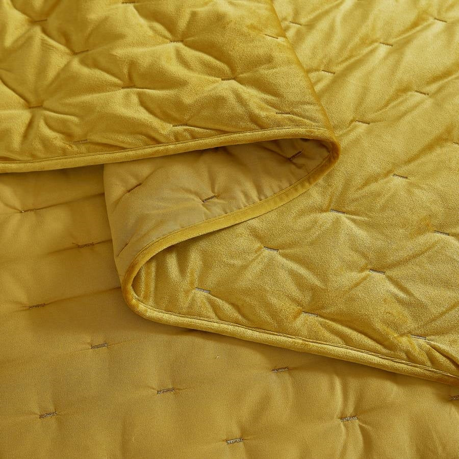 Juego de colcha de 3 piezas de terciopelo amarillo mostaza bordado, lujosamente suave, tamaño Full / Queen
