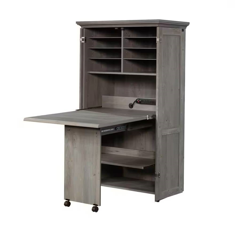 Armario con escritorio plegable para portátil, mesa de manualidades en acabado roble gris - Hecho en EE. UU.
