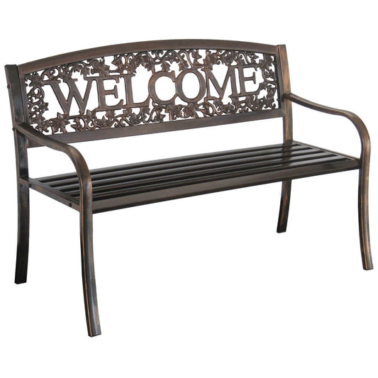 Banco de jardín de metal para exteriores, resistente a la intemperie, con respaldo floral de bienvenida