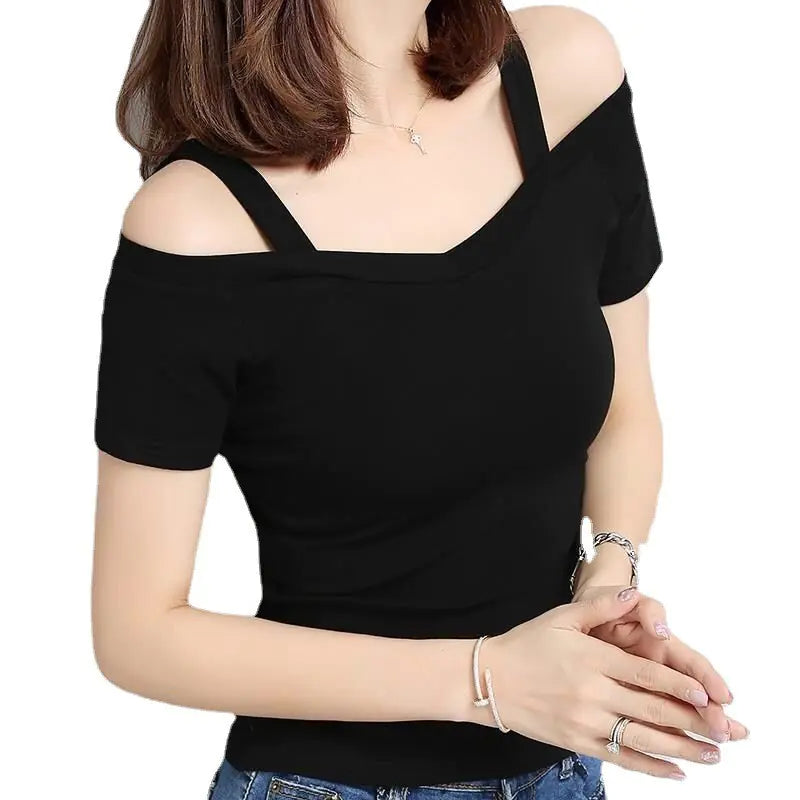 Camiseta coreana ajustada de manga corta con hombros descubiertos