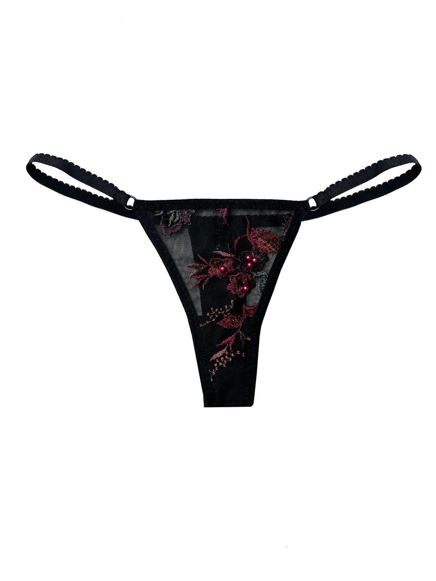 Tanga de tul negro Megan con bordado granate