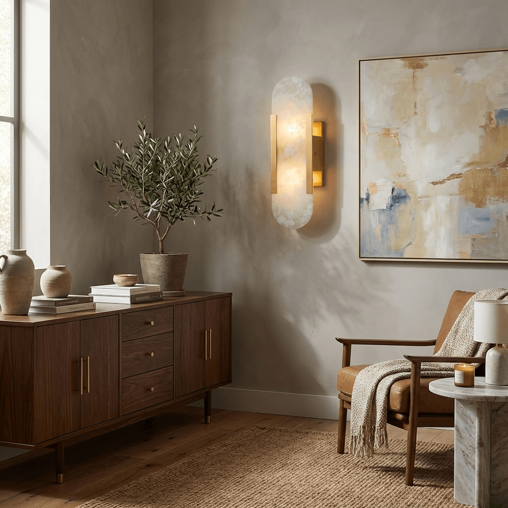 Alvora | Oblong Alabaster Wall Sconce with Brass Accents | Warm Diffused Glow for Foyers