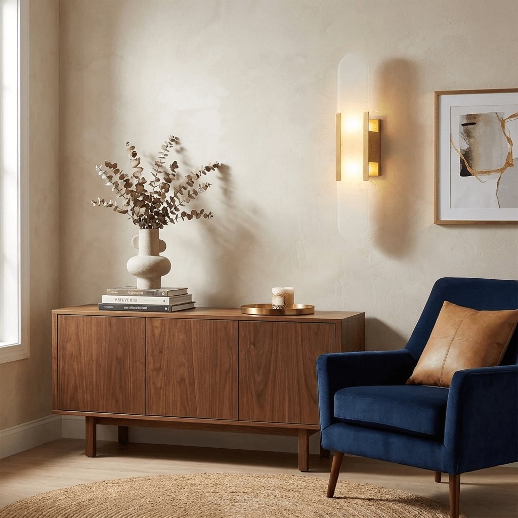 Alvora | Oblong Alabaster Wall Sconce with Brass Accents | Warm Diffused Glow for Foyers