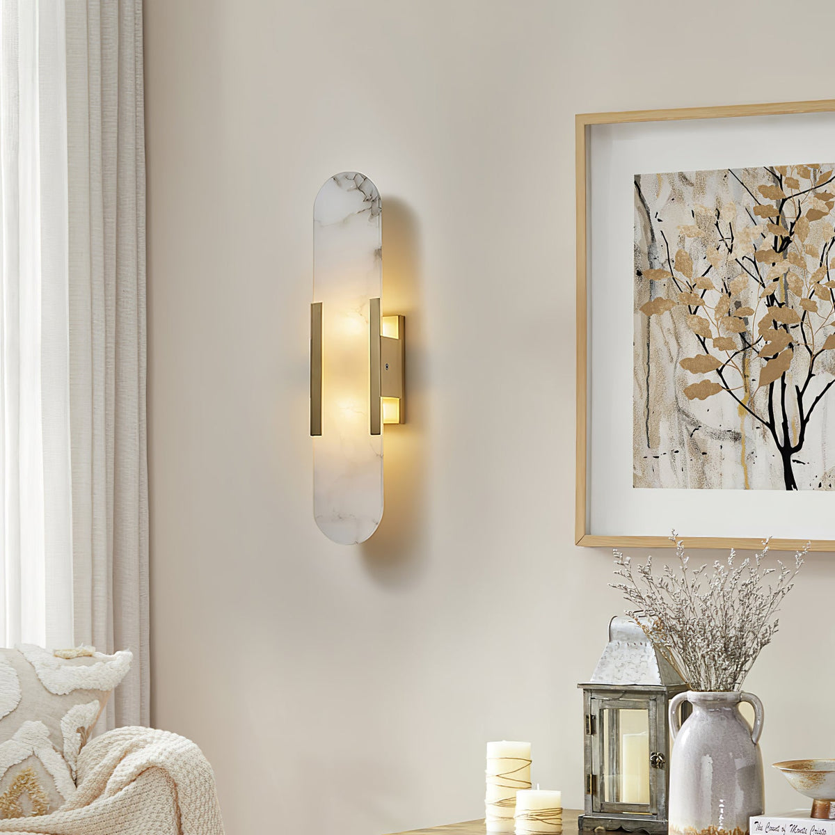 Alvora | Oblong Alabaster Wall Sconce with Brass Accents | Warm Diffused Glow for Foyers
