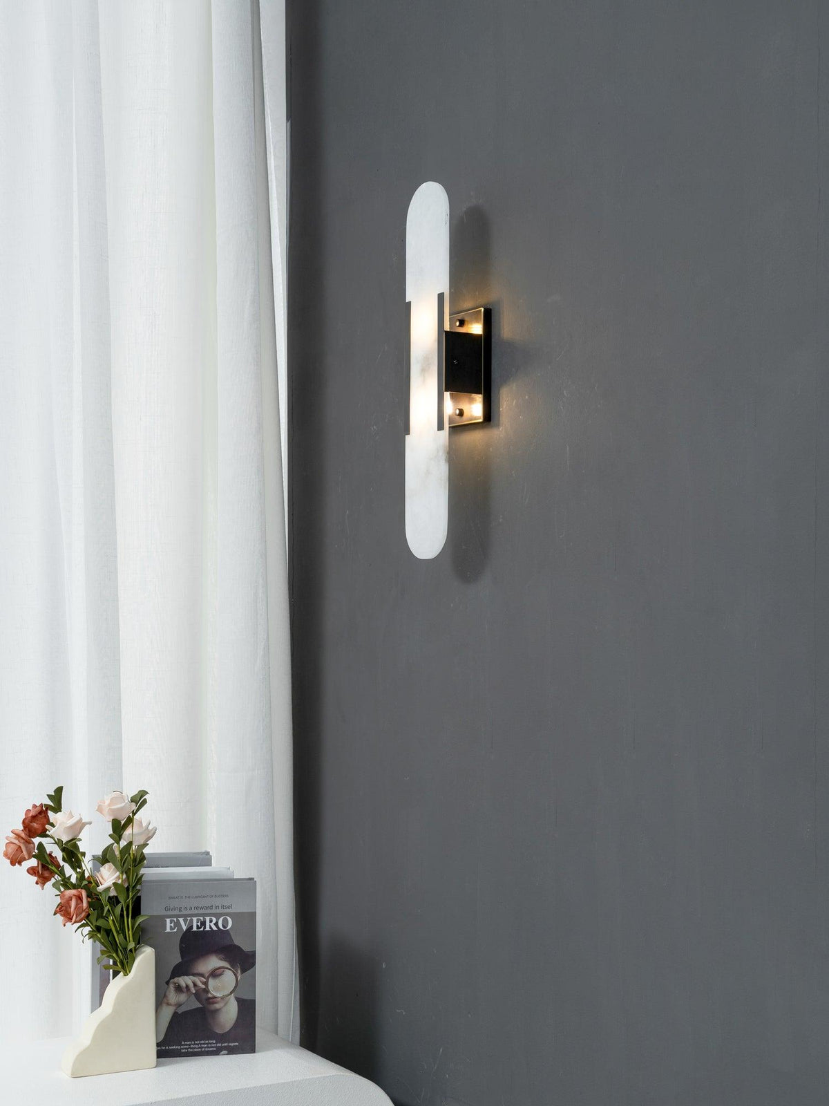 Alvora | Oblong Alabaster Wall Sconce with Brass Accents | Warm Diffused Glow for Foyers