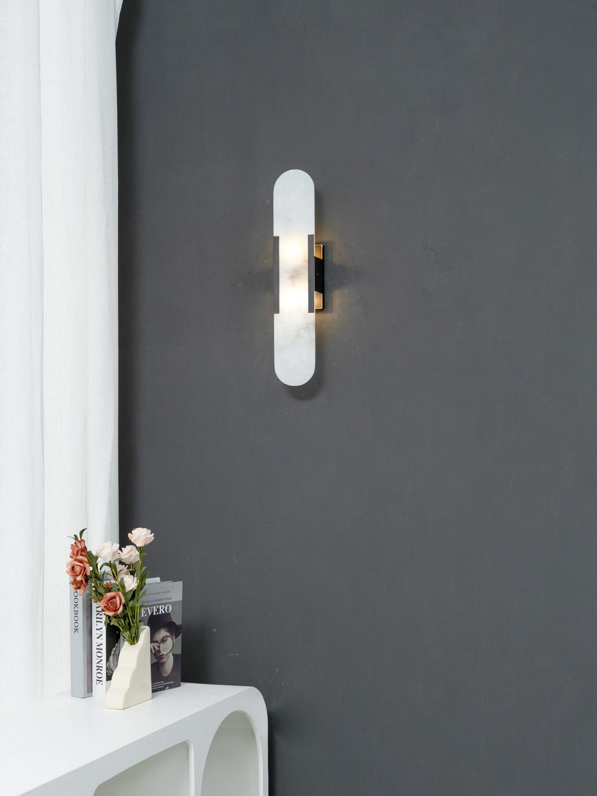 Alvora | Oblong Alabaster Wall Sconce with Brass Accents | Warm Diffused Glow for Foyers