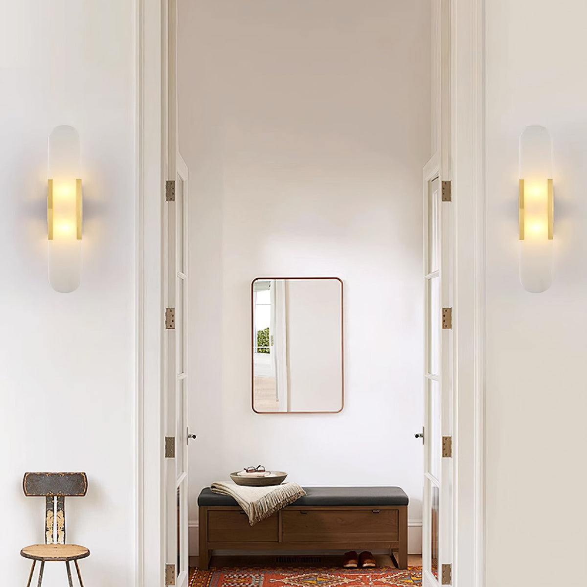 Alvora | Oblong Alabaster Wall Sconce with Brass Accents | Warm Diffused Glow for Foyers