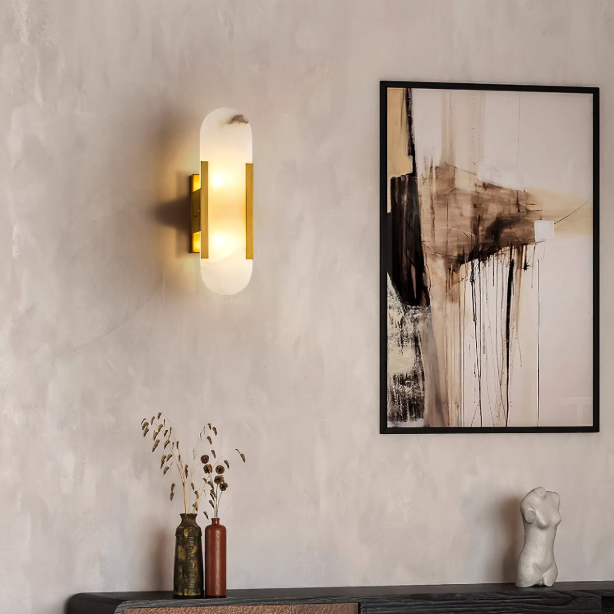 Alvora | Oblong Alabaster Wall Sconce with Brass Accents | Warm Diffused Glow for Foyers