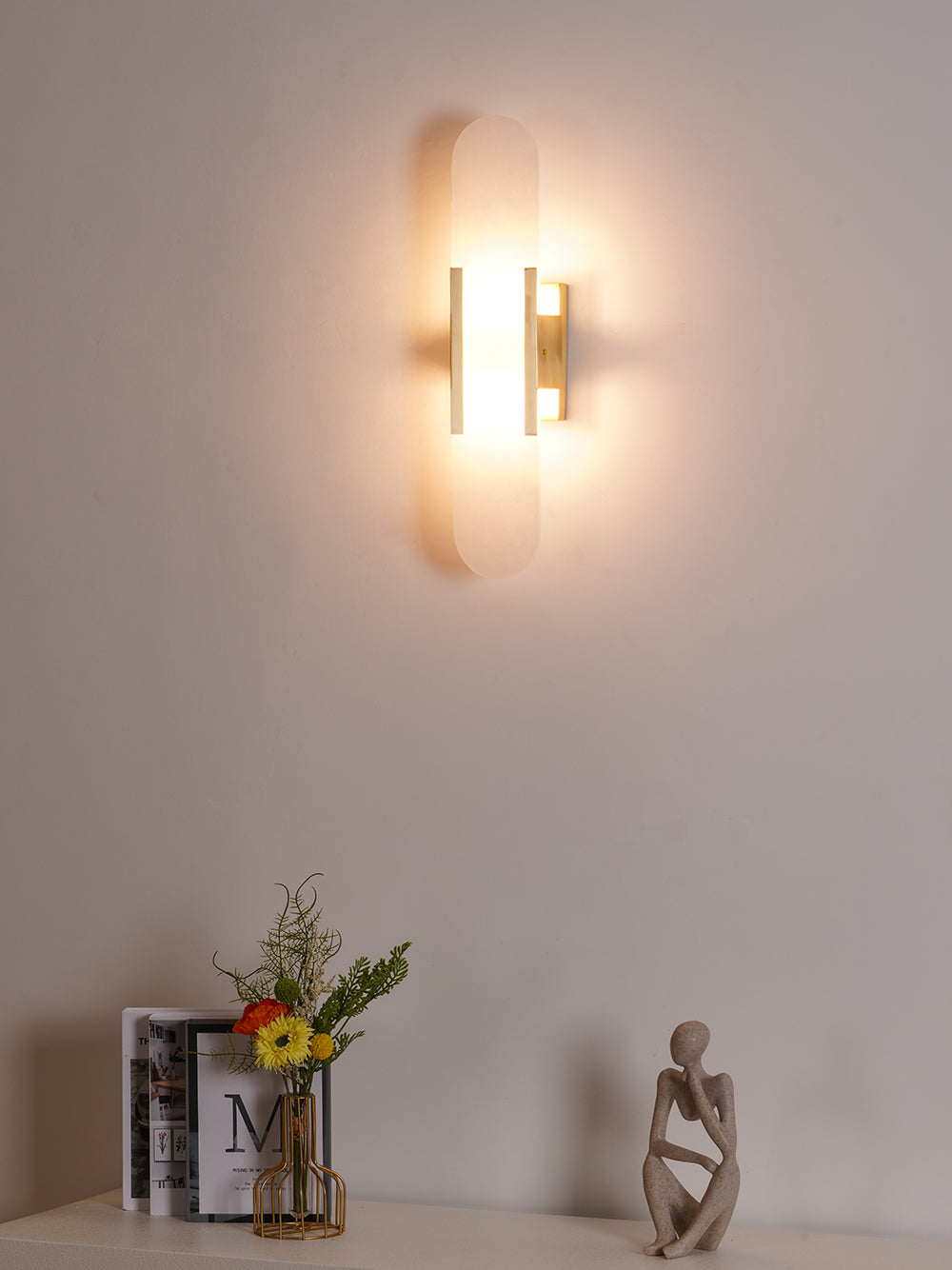 Alvora | Oblong Alabaster Wall Sconce with Brass Accents | Warm Diffused Glow for Foyers