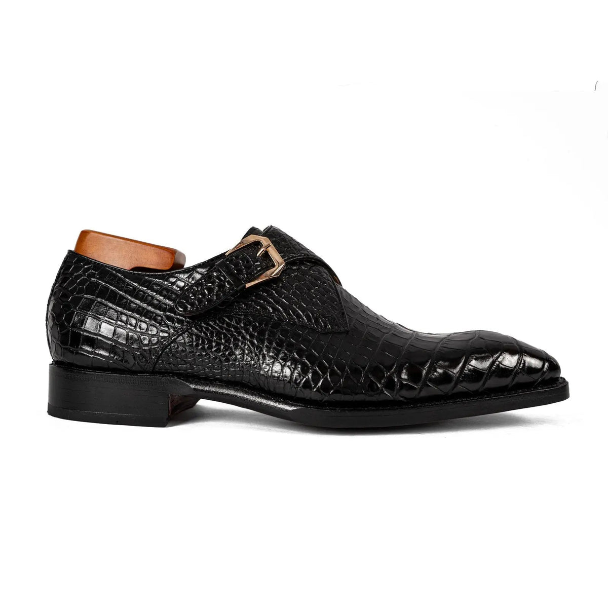 Black Square-Toe Crocodile Leather Monk Shoes