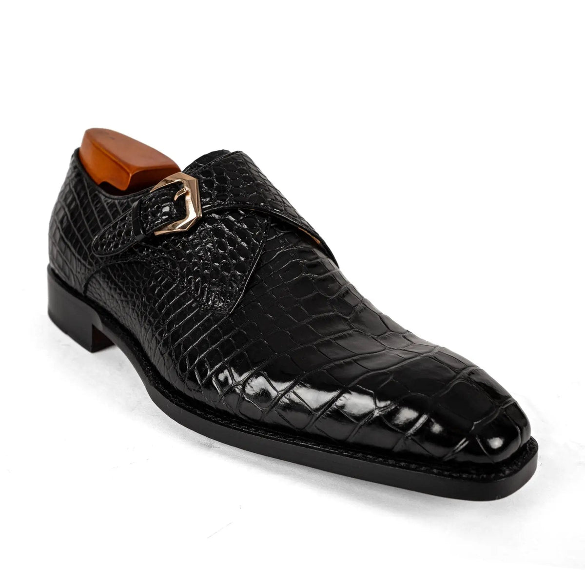 Black Square-Toe Crocodile Leather Monk Shoes
