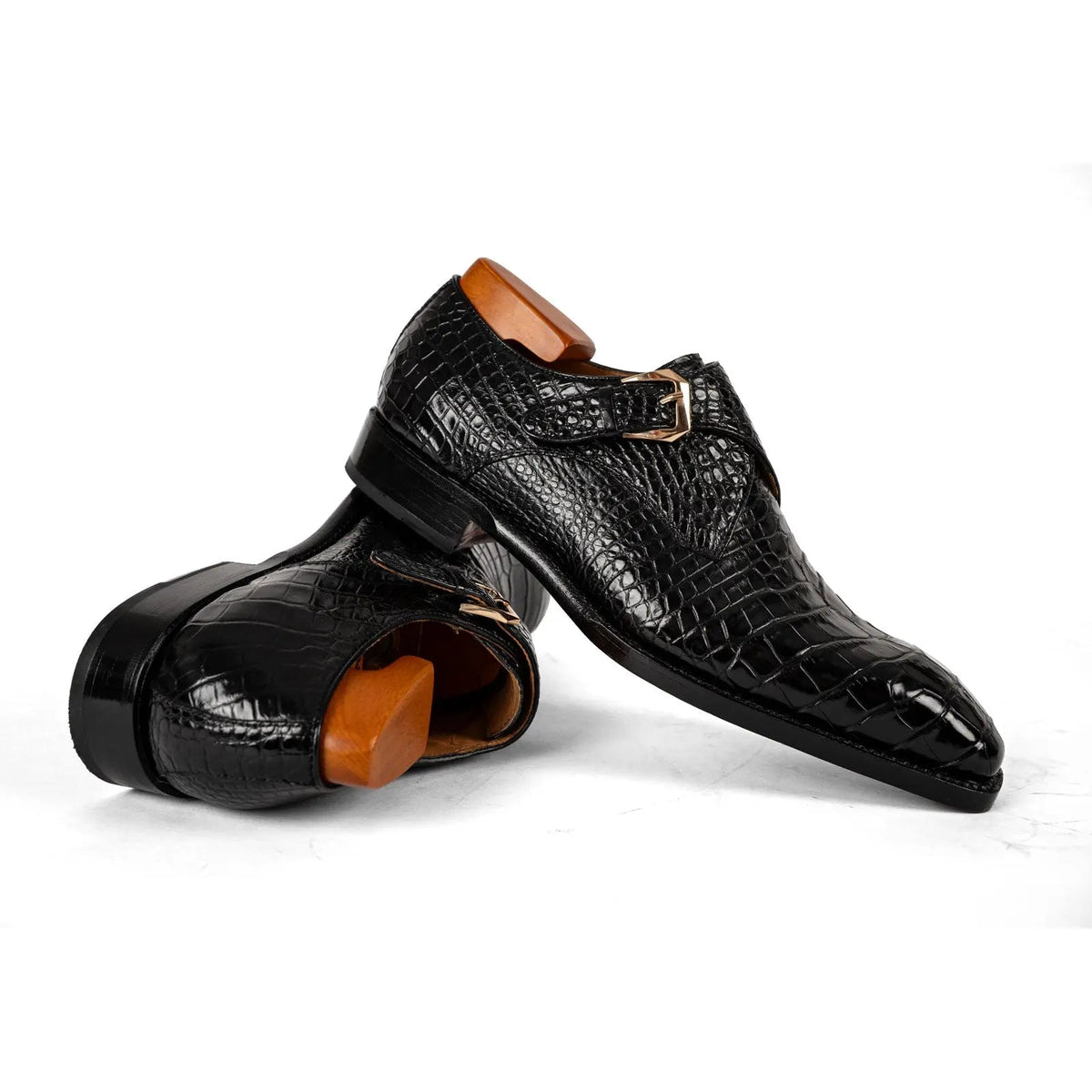 Black Square-Toe Crocodile Leather Monk Shoes